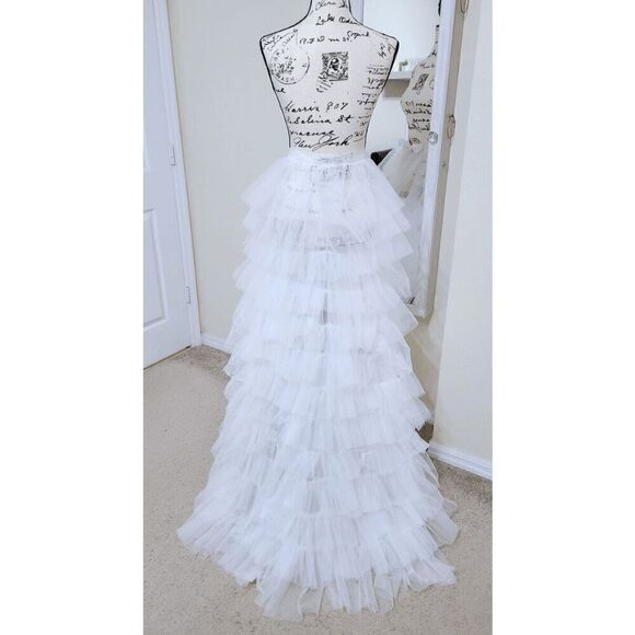 🤍 NEW Bridal Wedding Layered Tulle Mesh Petticoat Train Wrap Hi-Lo Open Skirt - Picture 4 of 16